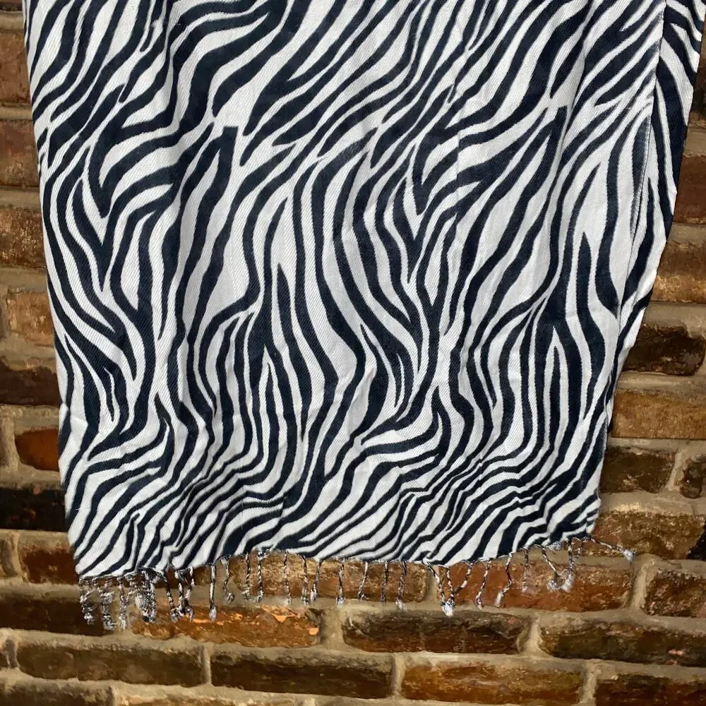 Women's Black & White Zebra Print Fringed Oversized Shawl Scarf